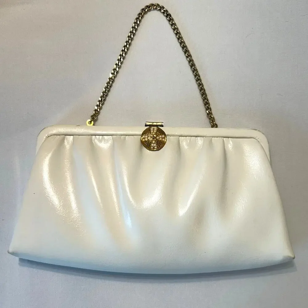 Vintage 60s/70s White Leather Clutch With Gold Chain And Accents